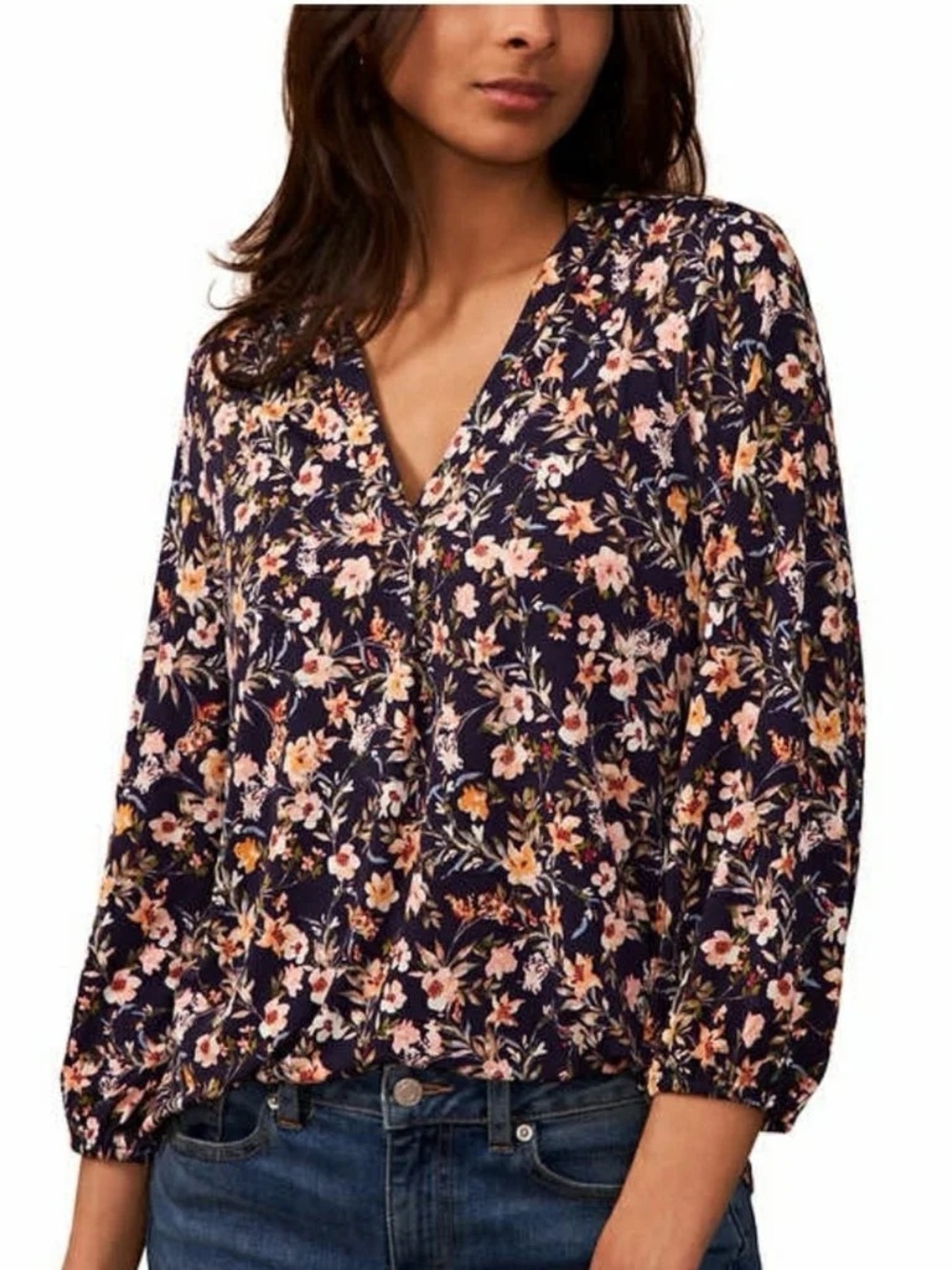 Two by Vince Camuto Navy Floral V-Neck 3/4 Sleeve Blouse Women's Medium